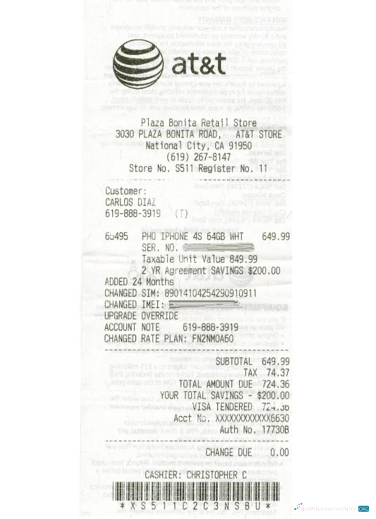 Download At&t telecommunications company receipt Photoshop template